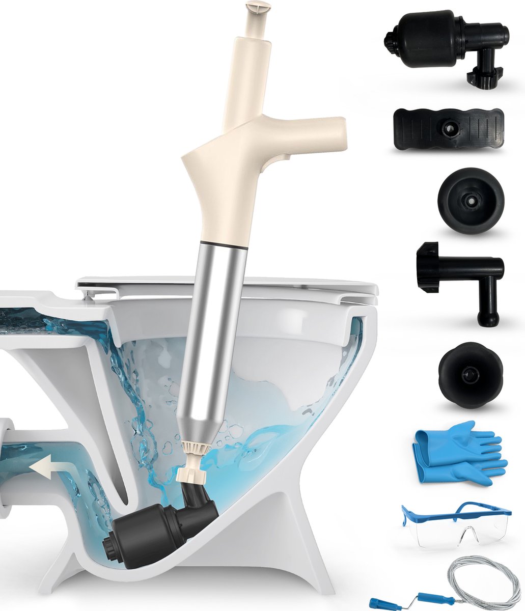 Dymac - Abfluss-Entstopfer - Hochdruck-Toiletten/Spülbecken-Entstopfer - inkl. Kanalisationsfeder, Handschuhe und Brille - Edelstahl