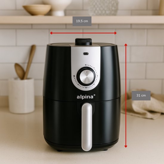 alpina Airfryer 2L – Heißluftfritteuse für 1–4 Personen – Airfryer mit Timer – Einstellbare Temperatur von 80 bis 200 Grad – mit Timer-Funktion – Heißluftofen 900 W