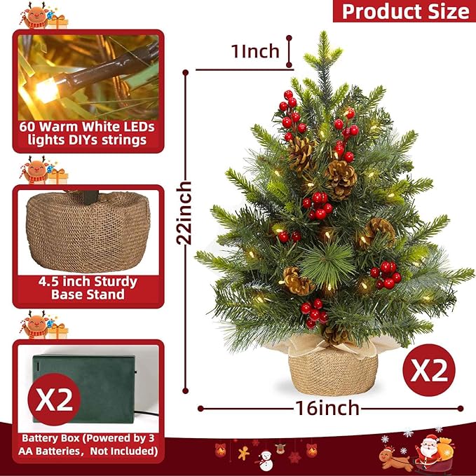 Mini-Weihnachtsbaum mit Lichtern, künstliche kleine Weihnachtsbäume, Timer, 30 led Lichter, warmes weißes Licht, Tannenzapfen, rote Beeren, realistische Zweige für Weihnachtsdekoration, innen, Urlaub
