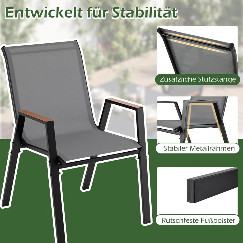 Coast Stapelbares Gartenstuhl-Set, 4er-Set – Balkonstühle mit Armlehnen, 56 x 66 x 88 cm – Grau