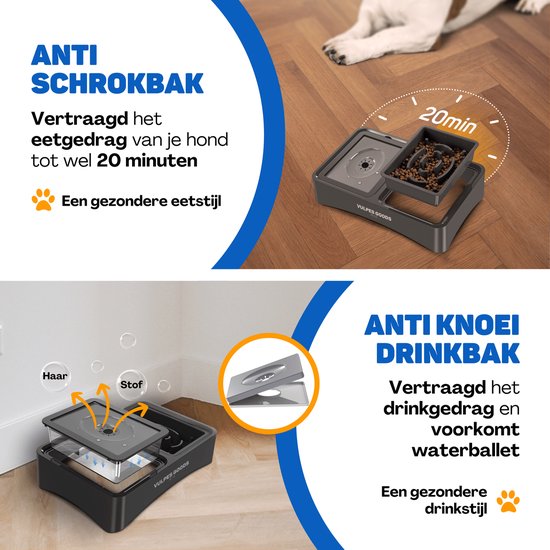 Vulpes Goods Pets - Futter- und Trinknapf Hund mit Ständer - Slow Feeder - Anti Spill and Chew - 4 Höhen - Schwarz