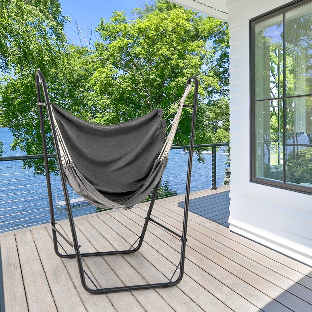 Coast Hängesessel mit Ständer – Sitzfläche aus Baumwolle und Polyester – Seitentaschen – Grau – 130 x 87 x 161 cm