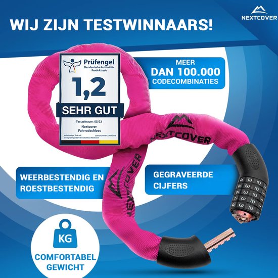 Nextcover Zahlenschloss – SafeSecure – 5-stellig – Kettenschloss – Rosa