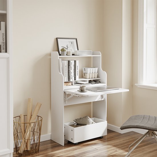 SoBuy Wandklapptisch FWT105-II-W – Multifunktionaler, platzsparender Klapptisch mit Rollen – Zusammenklappbarer Schreibtisch mit Schublade und Ablagen – Weiß