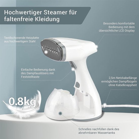 LEBENLANG Dampfbügeleisen - Händetrockner mit LCD & 2 Aufsätzen - 1500W - 300 ml - 7 x 4 x 10 cm - Weiß