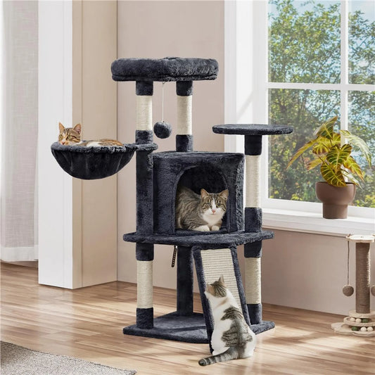 Yaheetech Katzenpfosten mit 5 Sisalstangen - Ausgestattet mit gepolsterter Aussichtsplattform und Hängematte und Katzenhöhle - Für 2 bis 3 kleine und mittlere Katzen - Dunkelgrauer Plüsch und Metall - 43,5 x 43,5 x 106 cm