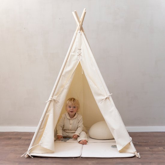 Sunny Alba Tipi-Zelt Creme/Weiß für Kinder - Wigwam Spielzelt mit Fenstern aus Baumwolle - Tipi-Zelt Kinder mit Kuschelteppich - 120x120x160cm - Gestänge FSC Holz