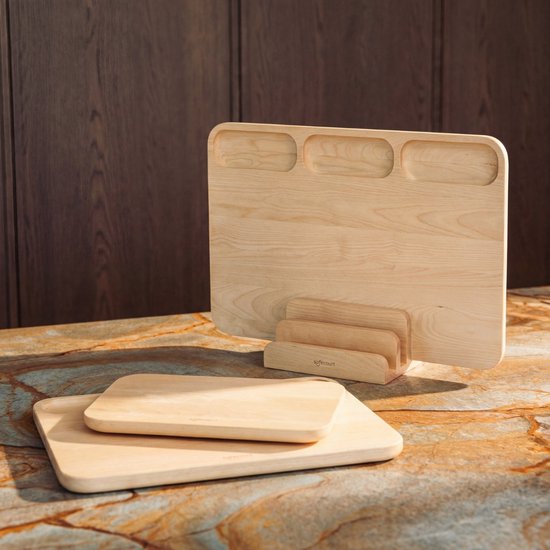 Safecourt Kitchen 3-teiliges Schneidebrett-Set aus Holz [100% frei von Mikroplastik] - inklusive Aufbewahrungsständer - FSC-zertifiziertes Birkenholz