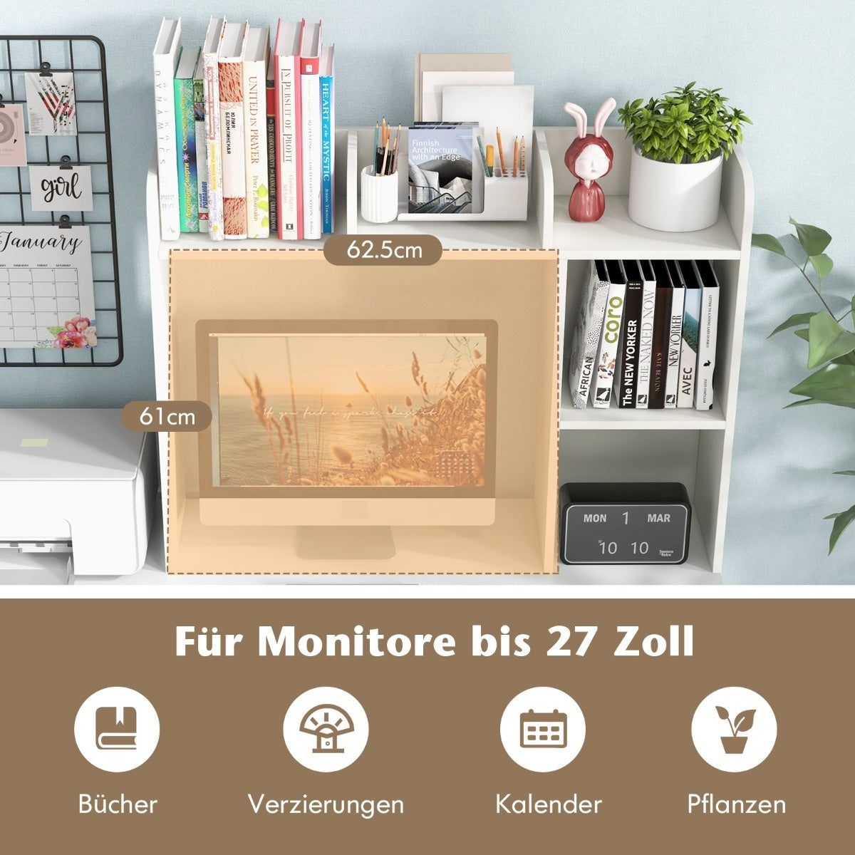 Coast Desk Plank Multifunktionales Tischregal aus Holz 3-stöckiges Präsentationsregal für Computertische weiß