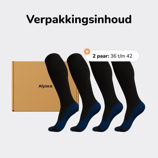 Alyze Kompressionsstrümpfe - 2 Paar - Größe 36-41 - Hoch - Socken für Männer & Frauen - Medizinisch - Neuropathie - Stützstrümpfe - Diabetes - Blutfluss, Laufen, Flugzeug, Bett - Schwarz