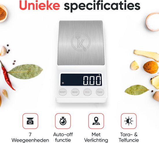Kitchenwell digitale Mini-Präzisionsküchenwaage weiß - 0,01 bis 200 Gramm - 14,2 x 7,5 cm - batteriebetriebene Taschenwaage - Küchenwaage