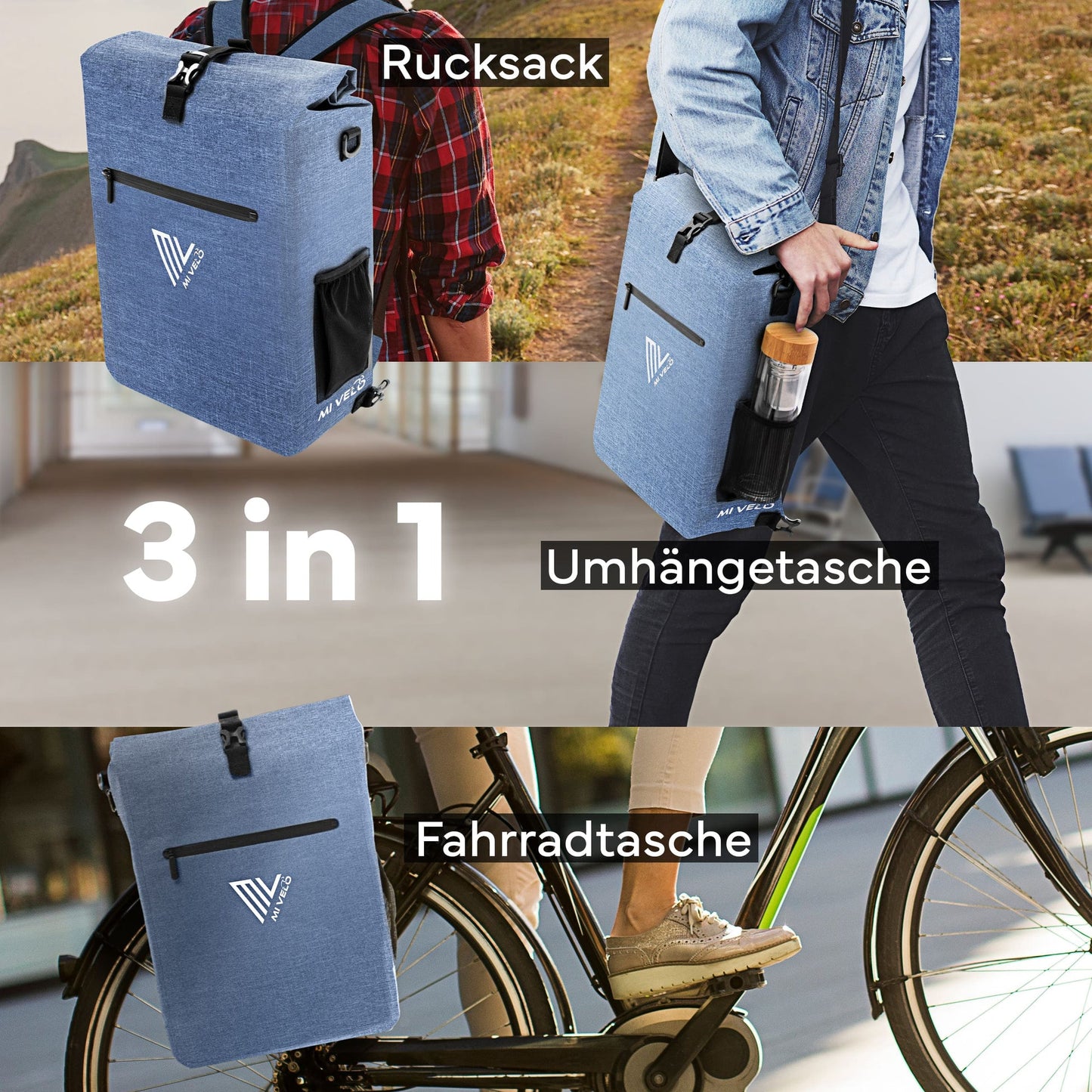 MiVelo 3-in-1 Fahrradtasche - Rucksack - 25L - Wasserdicht - 58×30×15 cm - Jeansblau