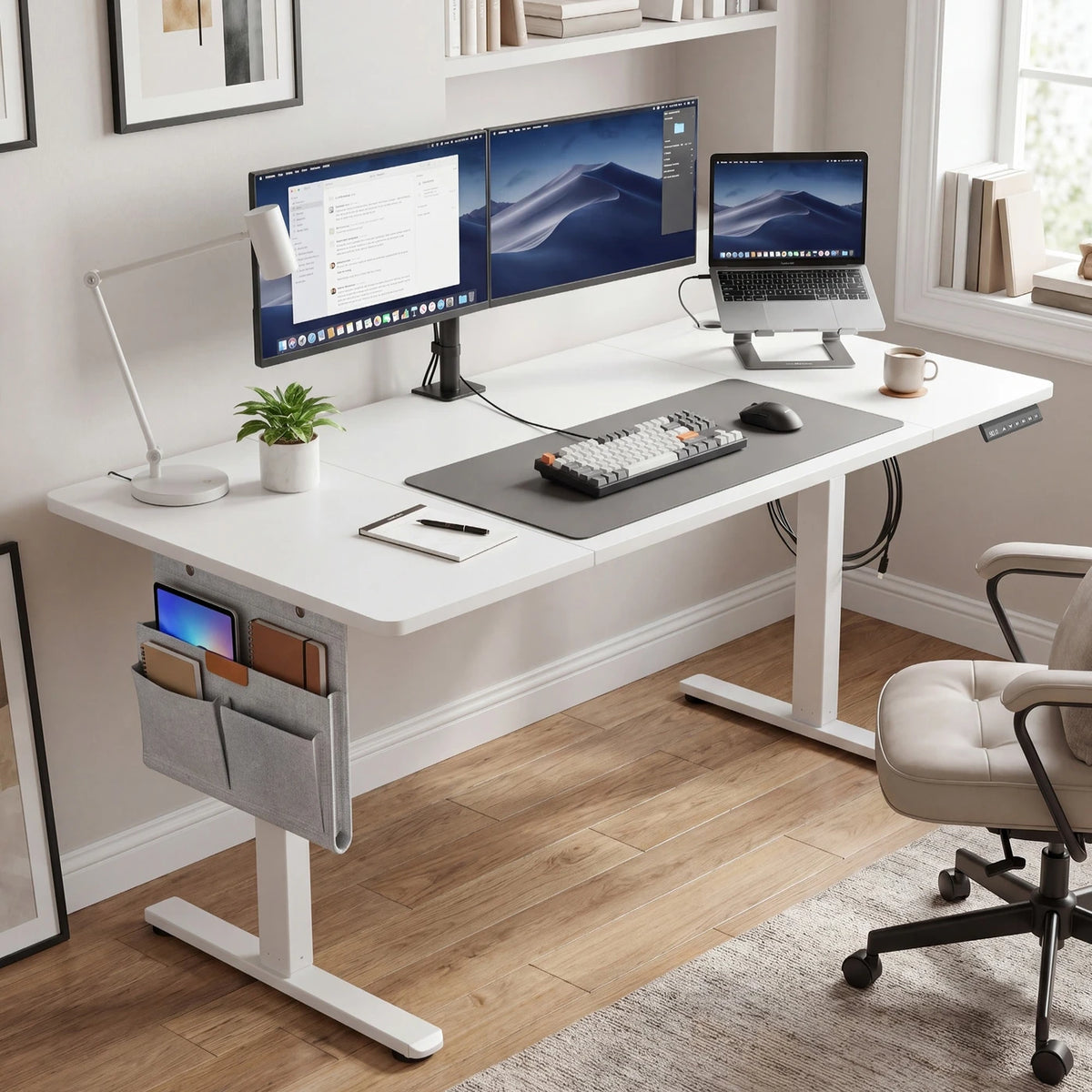 JOYFURNOS Elektrischer Sitz-Steh-Schreibtisch, weiß, 140,1 x 60,1 cm, höhenverstellbar