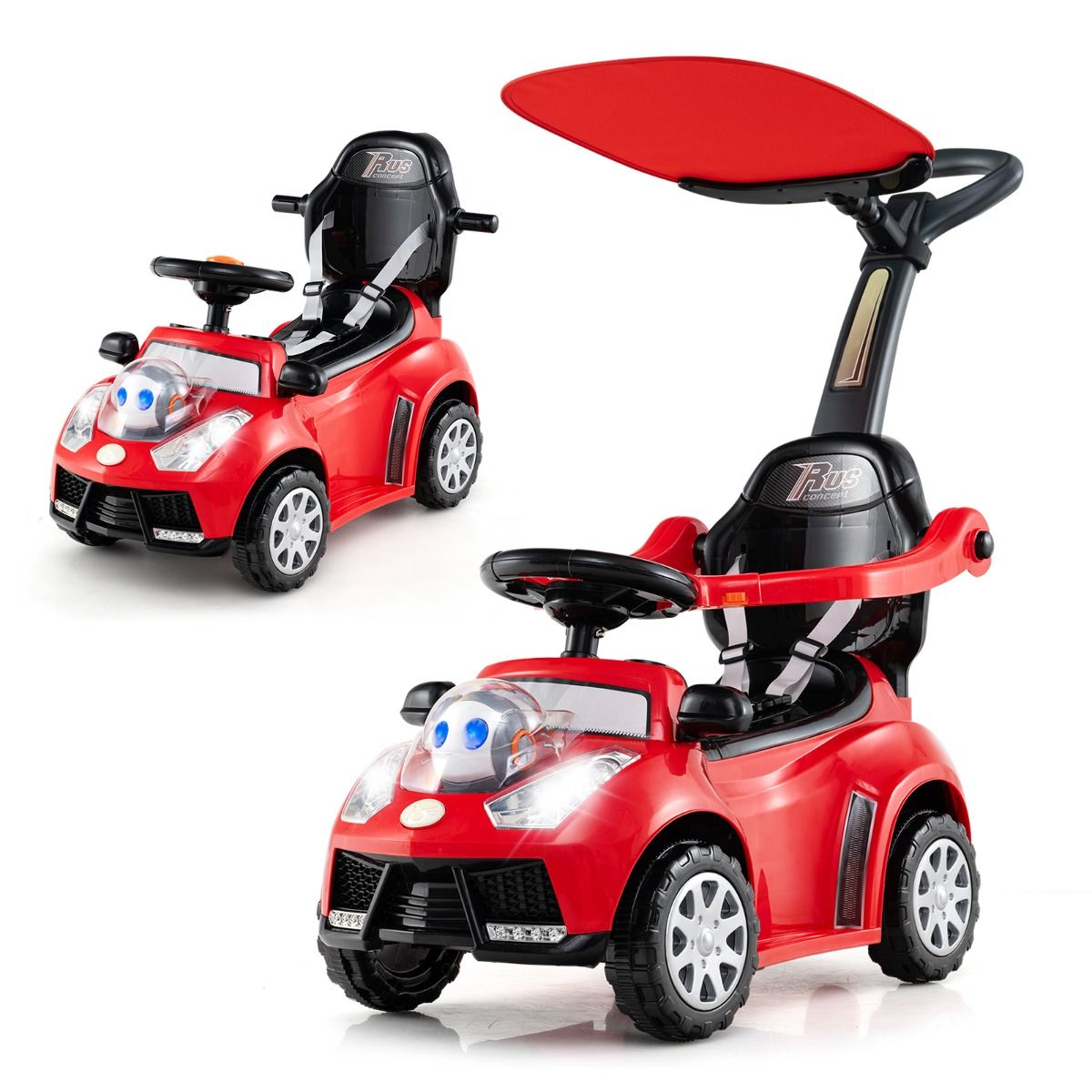 Coast 3-in-1-Laufwagen mit Schiebestange – Stauraum – verstellbarer Sonnenschutz – rot