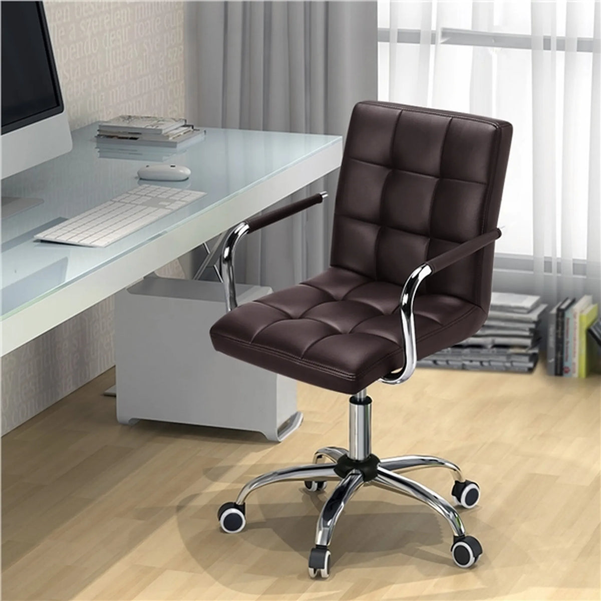 Yaheetech Bürostuhl mit verstellbarer Sitzhöhe - 55 x 60,5 x 86,5-102 cm - Ausgestattet mit bequemer Schaumstoffpolsterung und schalldämpfenden Rädern und verzinktem Metallrahmen - Für Büro und Heimarbeitsplatz - Braunes Kunstleder und Metall