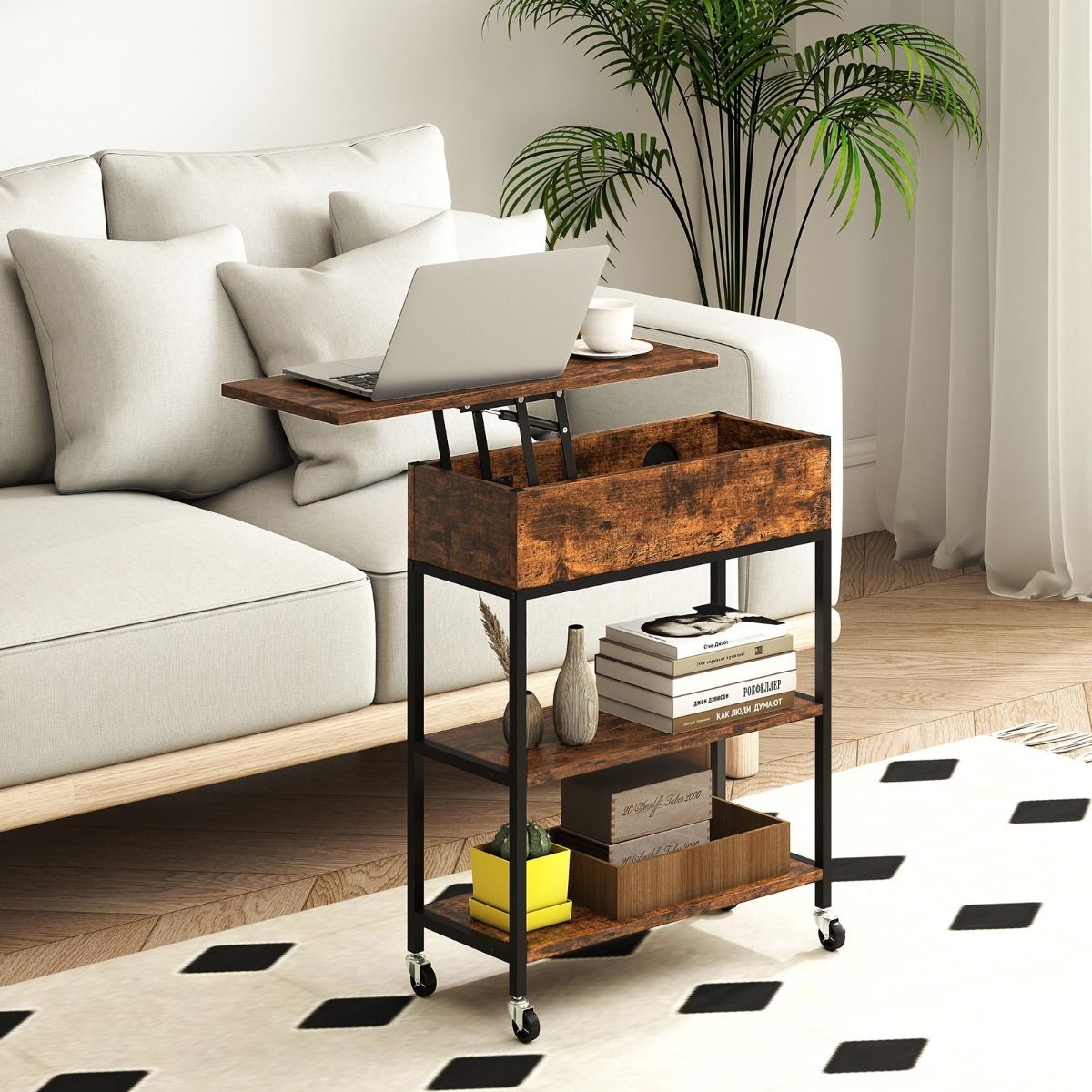 Coast Beistelltisch mit klappbarer Tischplatte – Ladestation und versteckter Stauraum – Rustikales Braun und Schwarz