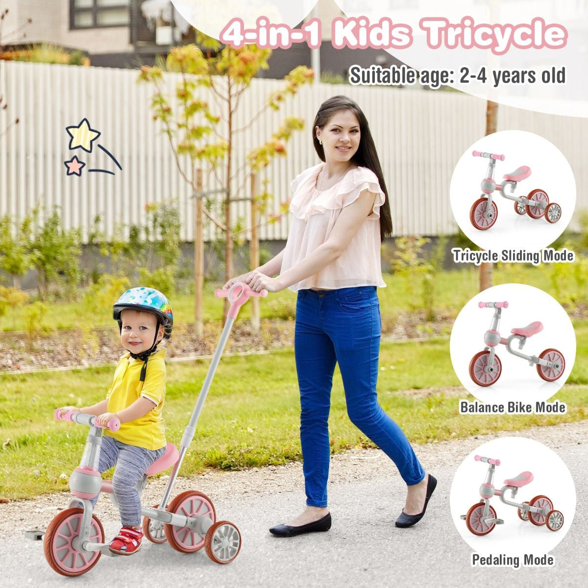 Coast Kids Rad 4-in-1 Vorschalenrad mit Elterngriff 37 x 72 x 101 cm rosa