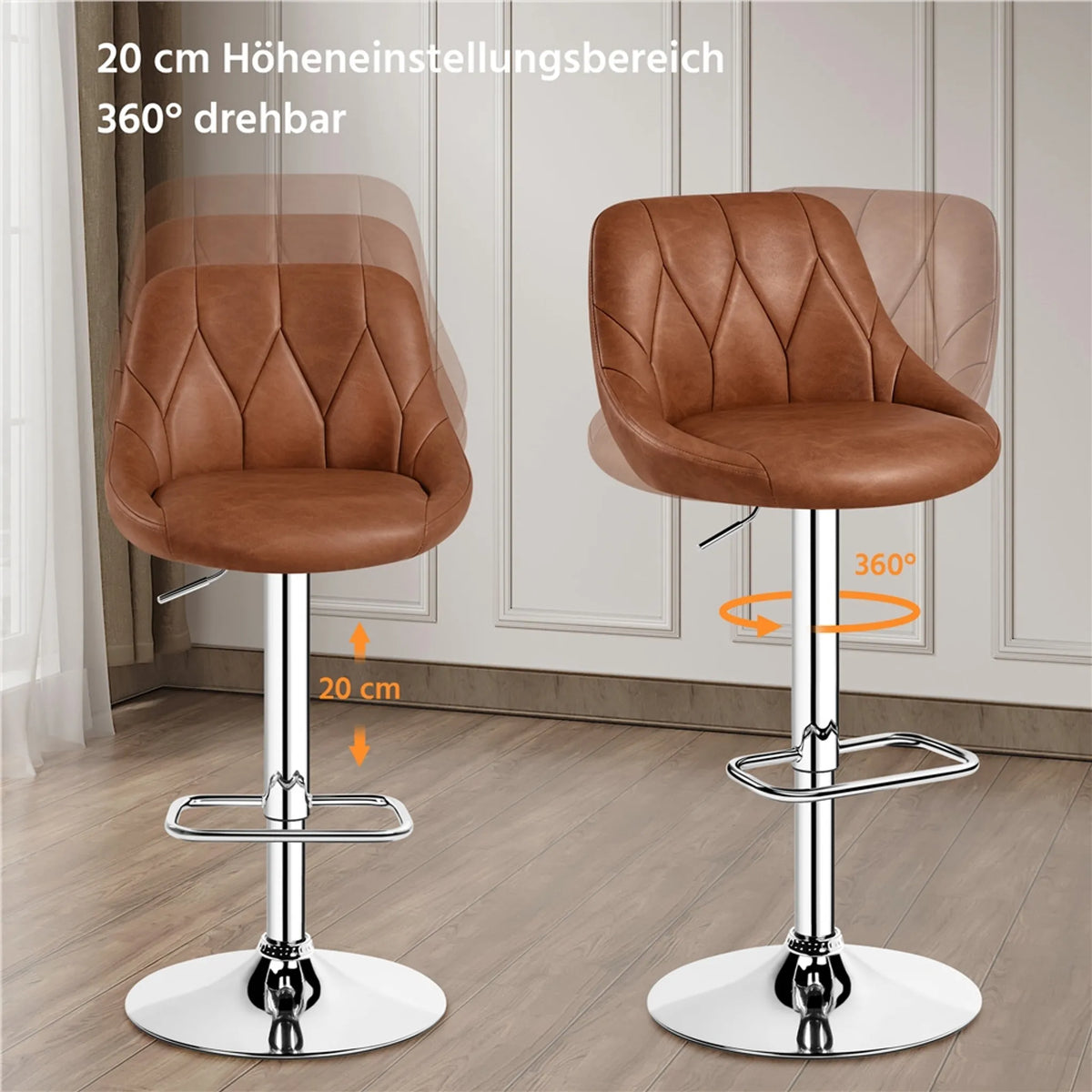 Yaheetech 2er-Set verstellbare Barhocker / Barstühle 86–107,5 cm – stilvolles Braun – Kunstleder und Metall