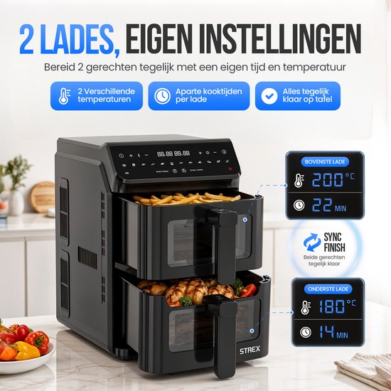 Strex Airfryer mit zwei Körben, 11 l, XXL-Heißluftfritteuse, 2500 W – Airfryer mit 2 Körben – Dual Basket – 13 Kochprogramme – Große vertikale Airfryer für die ganze Familie