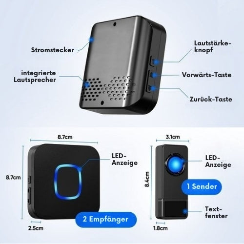 Strex - Funk-Türklingel - mit 2 Batterieempfängern - 300 Meter - 4 Lautstärken / 58 Melodien - IP55 Wasserdicht - Schwarz