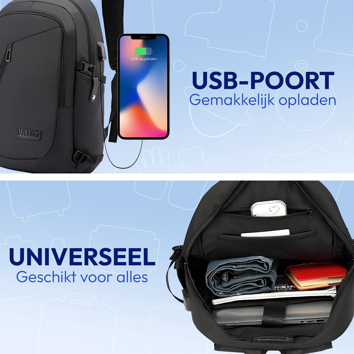 Anti-Diebstahl-Rucksack - Wasserdicht - Inklusive USB-Ladestation - 14 bis 15,6 Zoll - Schwarz