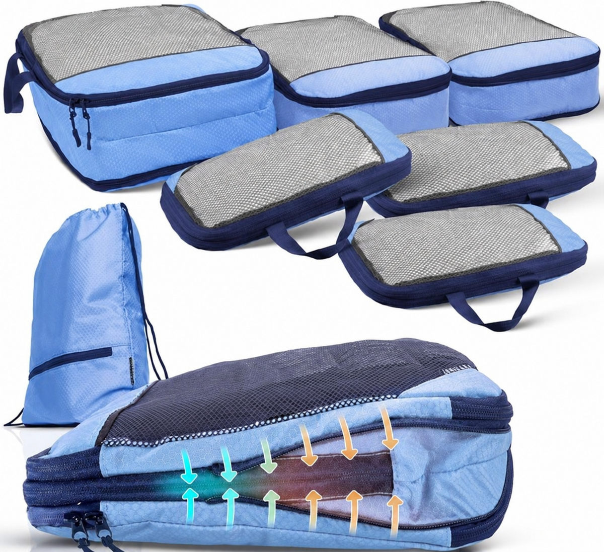 Packing Cubes, 7er-Set – mit Kompressionsfunktion für Koffer und Rucksack, inkl. Packbeutel, Mariner's Azure – Blau