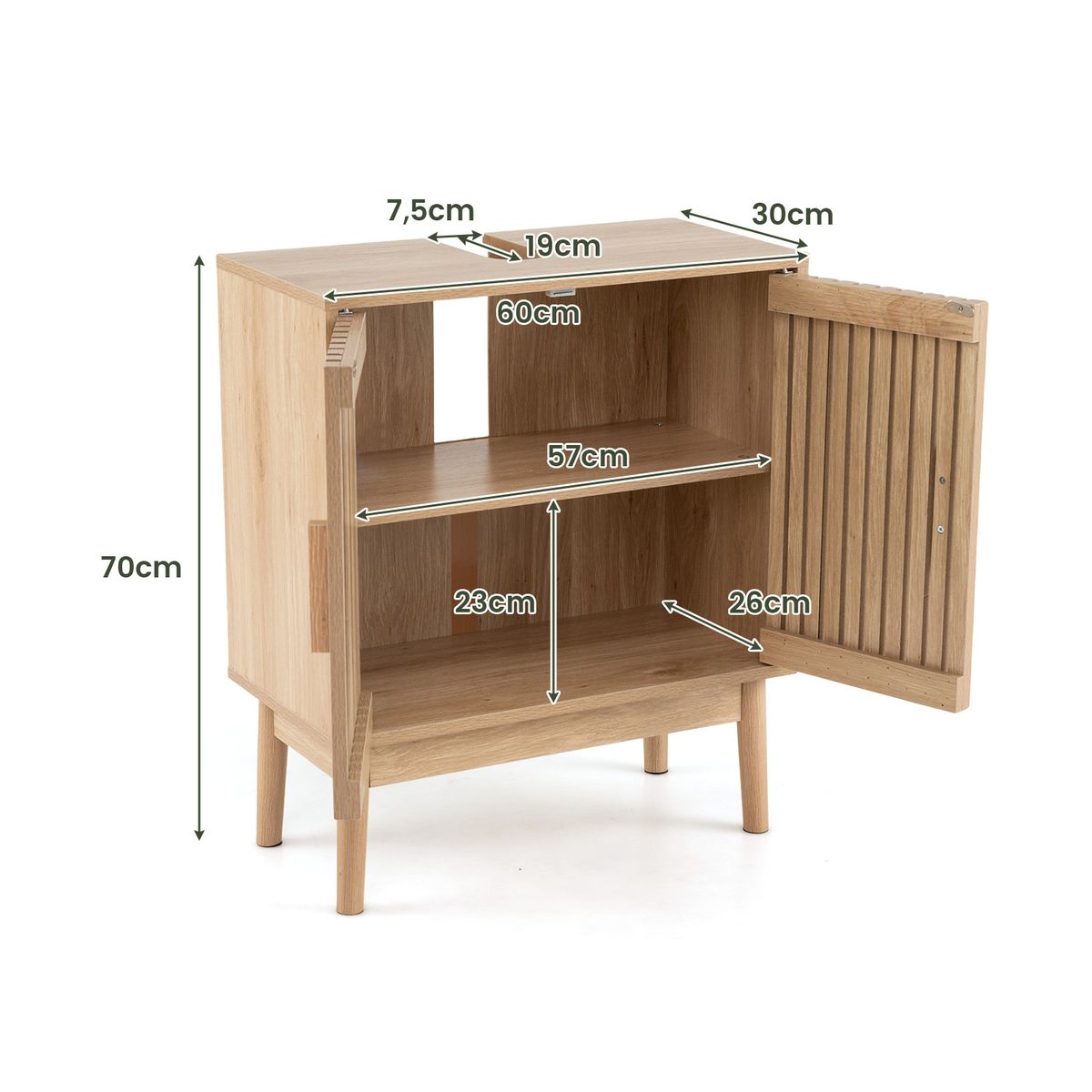 Coast Badezimmerschrank, Waschtischunterschrank – 2 Lamellentüren – Beine aus Kiefernholz – natur – 60 x 30 x 70 cm