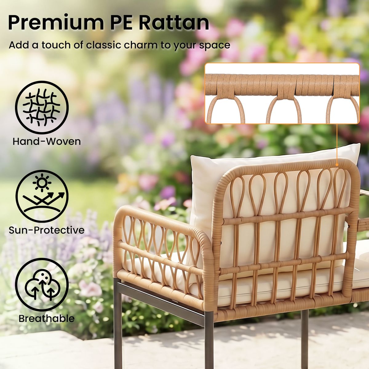 Coast Gartenbank mit Kissen – 2-Sitzer-Balkonbank – integrierter Glastisch – naturfarbenes Polyrattan – 137 x 64 x 84 cm