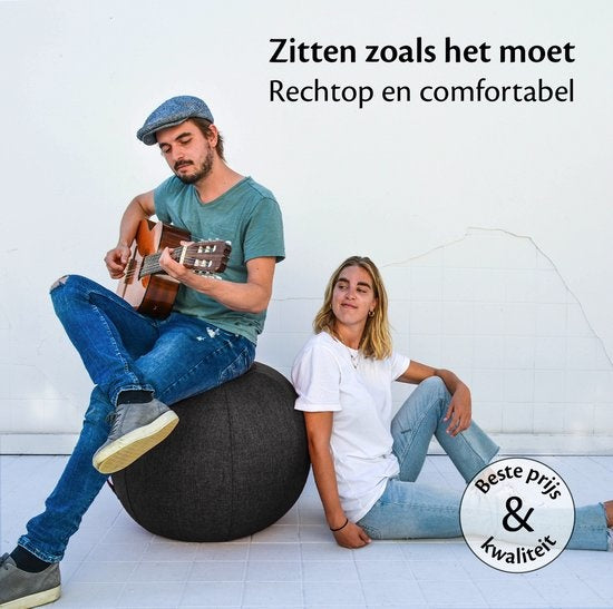 Bckz Sitzball Büro und Zuhause 75 CM - Luxus-Yoga-Ball - Sitzball mit Hülse - Ergonomischer Bürostuhlball - Leinen Schwarz
