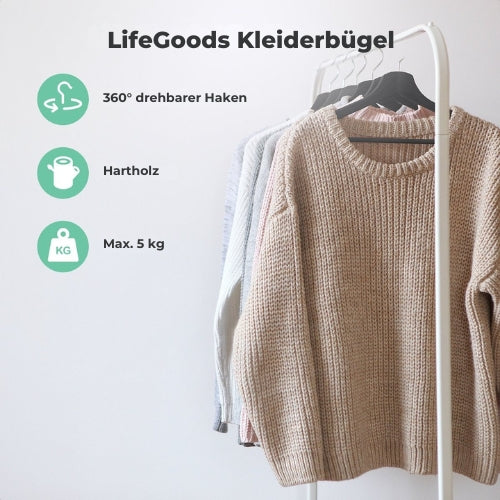 LifeGoods Kleiderbügel - mit Hosenstange - Hartholz - Schwarz - 50 Stück
