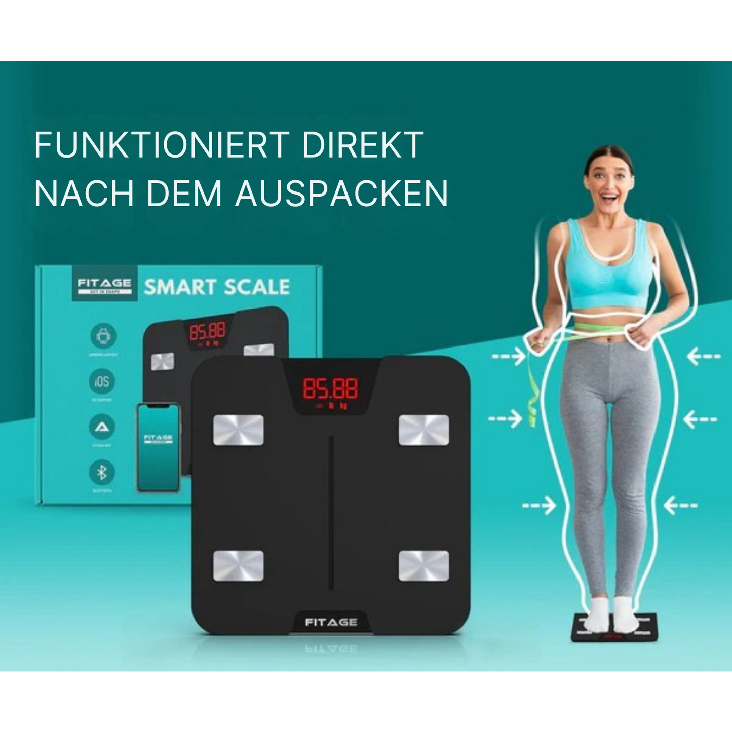 FITAGE Smart Waage - mit App - misst 17 Körperwerte - Schwarz