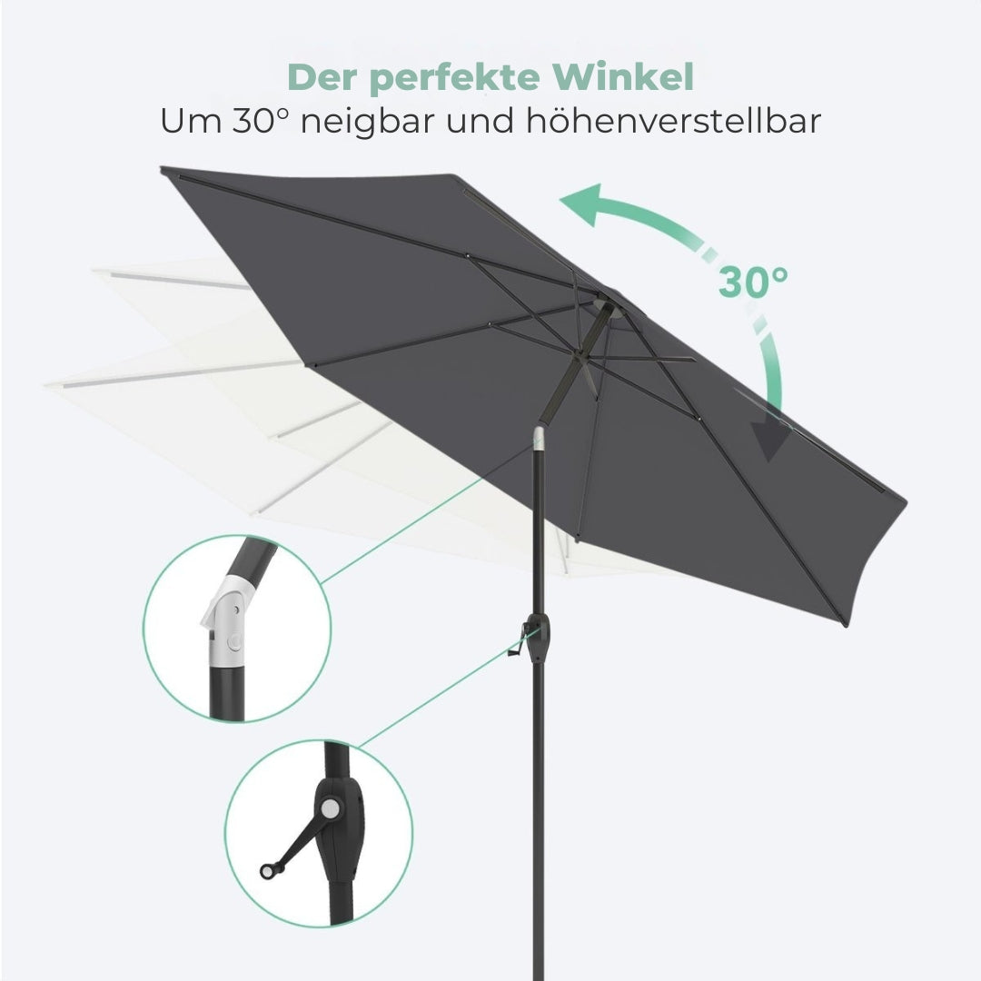 LifeGoods Sonnenschirm - 270 cm - 30° neigbar - Wasserdicht - Mit Bezug - Dunkelgrau