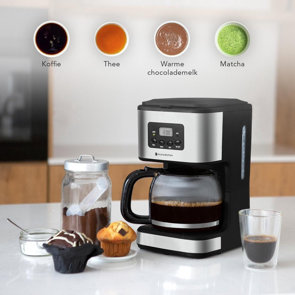 KitchenBrothers Kaffeemaschine - Filterkaffee - mit Glaskanne - 12 Tassen - Schwarz/RSF