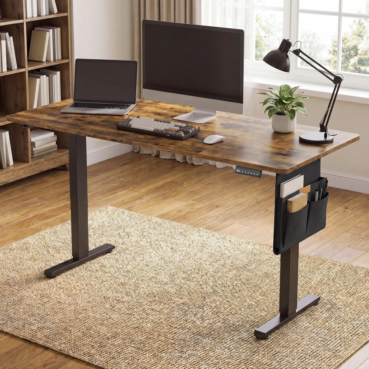 Joyfurnos Elektrischer Steh-Sitz-Schreibtisch 140 x 60 cm – Höhenverstellbar mit Speicherfunktion – USB-C – Braun