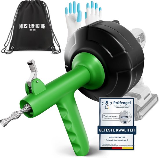 MEISTERFAKTUR Entstopfungsfeder mit automatischer Stromversorgung [7,5 m] | Kanalspülung mit Bohraufsatz | Kanalreinigungsfeder mit Handschuh | Spülbecken- und Abflussentstopfer | Kanalspülung | Kanalspiralbohrer