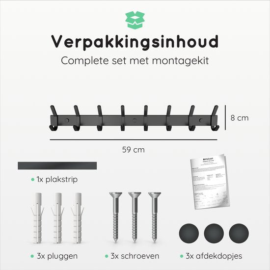 Volcan Wandgarderobe - 16 Haken - Edelstahl - Wandgarderobe zum Aufhängen - Industriell - 3M-Band - Schwarz