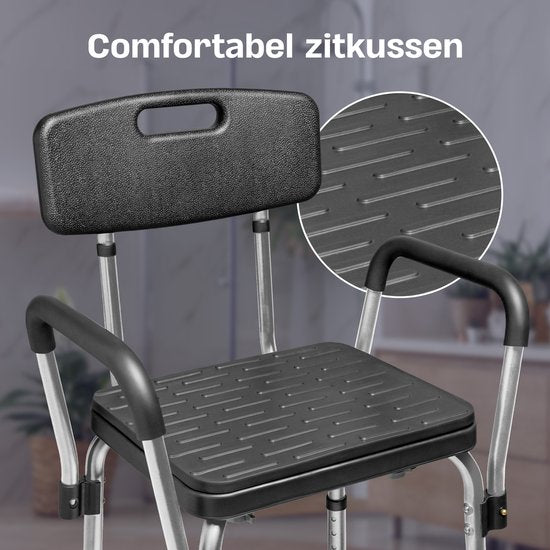 Sanicraft® Duschstuhl - Duschhocker mit Armlehne & Duschkopfhalterung - Stuhl & Hocker in 1 - Höhenverstellbar - Rutschfeste Beine - Silber
