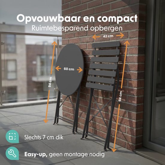 LifeGoods Bistro-Set - Stahl - 3-teilig - Gartenset - klappbar - Balkonset mit Tisch - wetterfest - Dunkelgrau