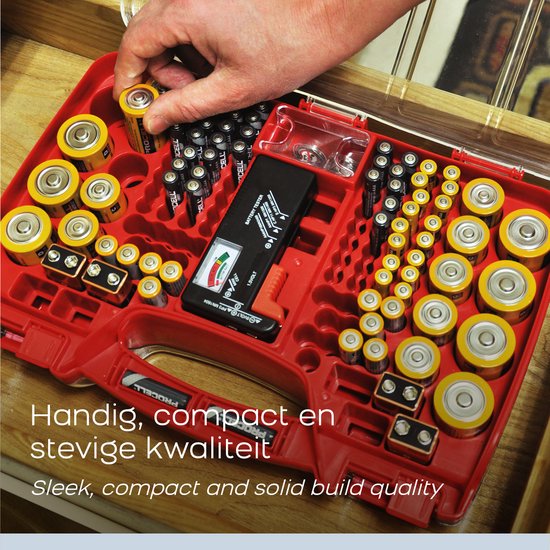 Battery Daddy Doppelseitiger Batteriekasten mit Batterietester- Batterie-Organisationshalter Aufbewahrungsbox für 180 Batterien - Batterieaufbewahrungsbox mit Griff - Geeignet für AA, AAA, 9-Volt, C, Knopfzellen und D-Batterien