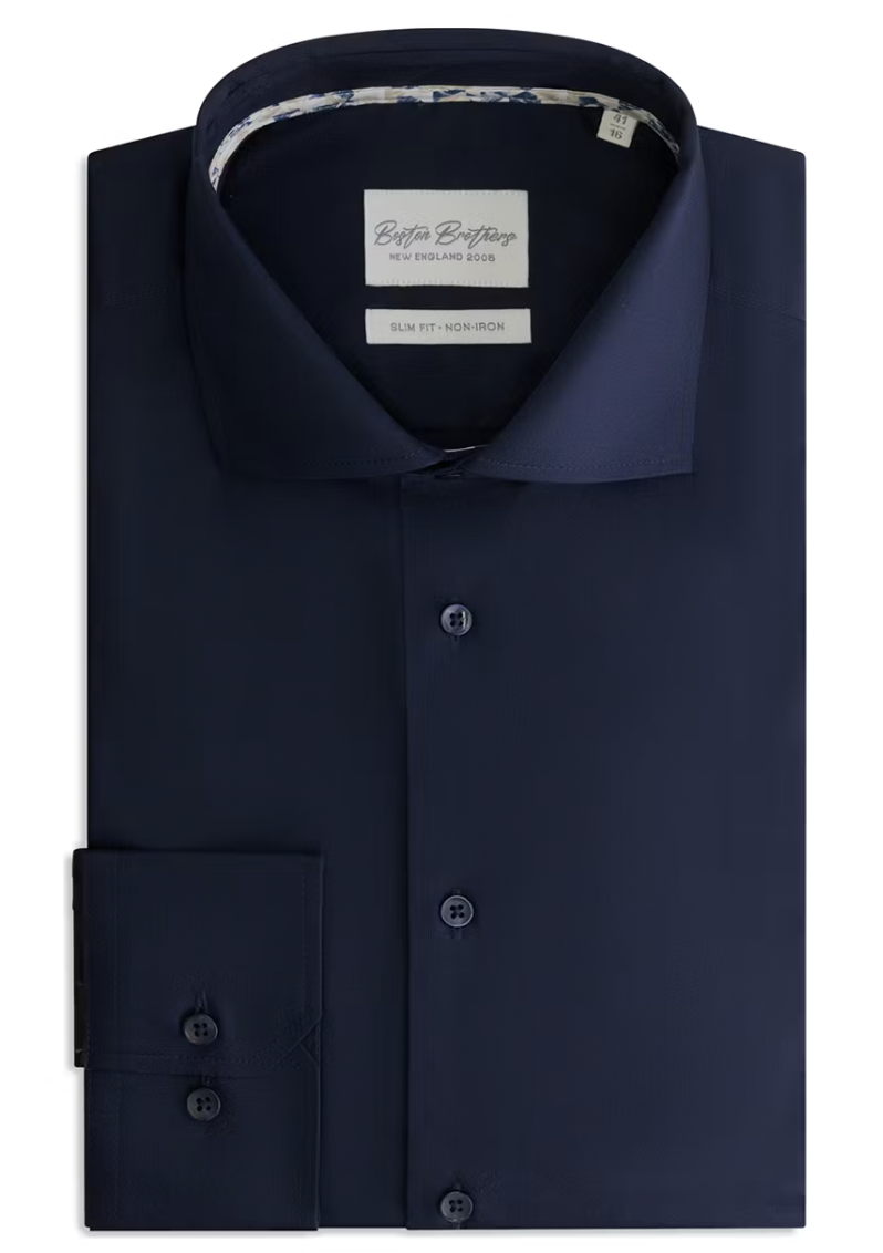 Boston Brothers - Business-Hemd Wide Spread - Größe 39 & Slim Fit - Mit kontrastierenden Knöpfen und pflegeleichter Verarbeitung - Formaler Anlass - Marine-Twill