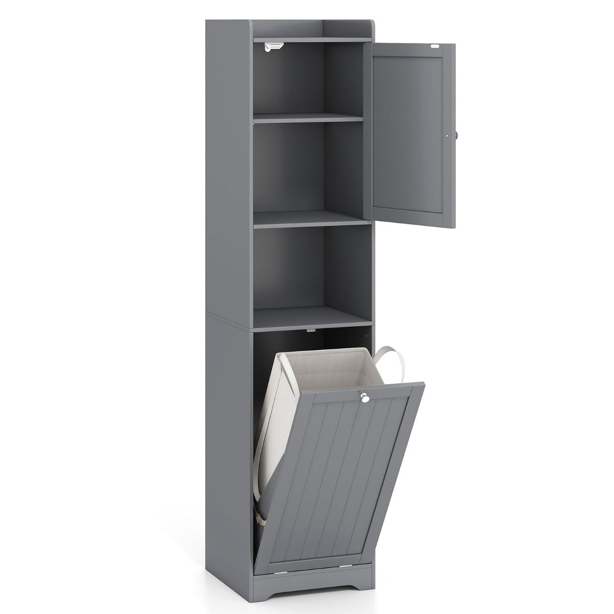 coast hoher Badezimmerschrank 170 cm grau - schmale Wäschesäule mit Wäschesack und verstellbaren Einlegeböden