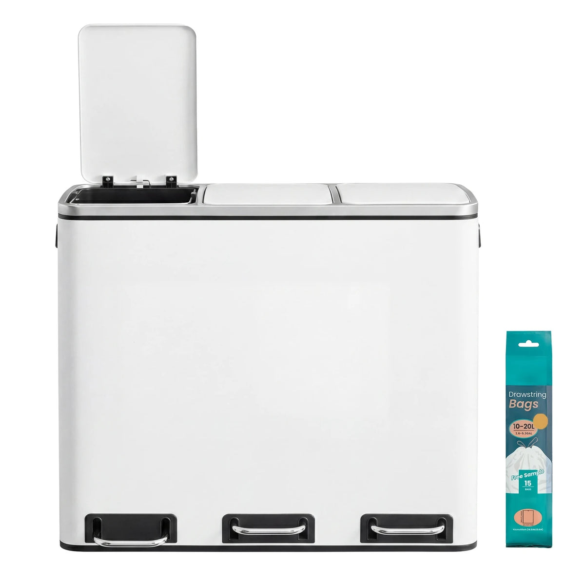 Joyfurnos Küchenabfalleimer 3x18 l – Mülltrennung mit Pedal – Soft-Close-Deckel – 61 x 31,5 x 55,5 cm – Weiß