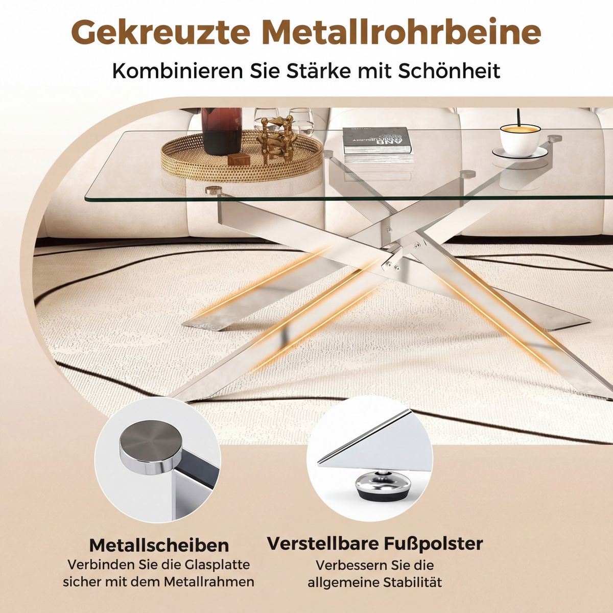 Coast Couchtisch – gehärtetes Glas – modernes Design – silber 120 x 60 x 45,5 cm