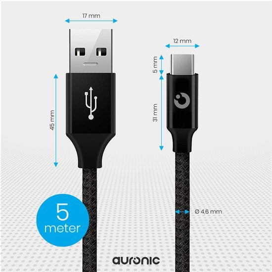 Auronic USB-C Kabel - 5M - 2.4A - USB C zu USB-A - Geflochtenes Nylon - Schwarz