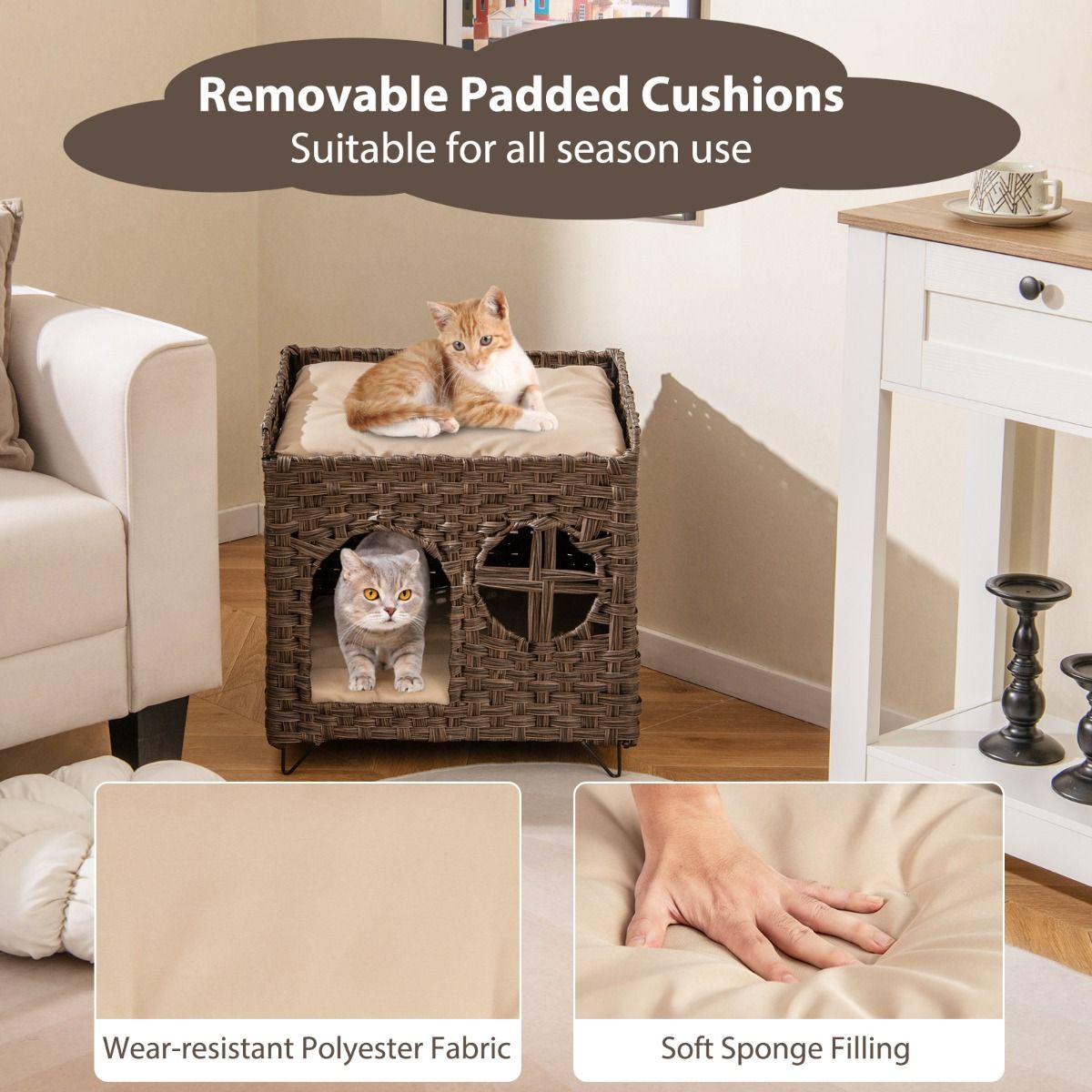 Coast Katzenhaus aus PE-Rattan - faltbar - 2 Ebenen - abnehmbares Kissen - 50,5 x 45 x 50 cm