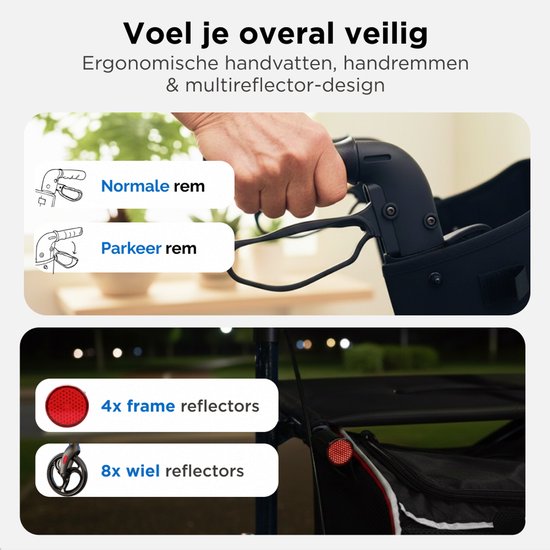Medzone Rollator leicht und faltbar - für drinnen und draußen - Sitzfunktion - Rückenlehne und Gehstockhalterung - Schwarz