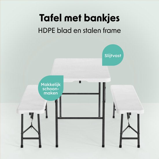 LifeGoods Zusammenklappbares Picknick-Set - 124cm x 61.5cm - Gartentisch mit 2 Bänken - Wetterfest - Campingtisch - Biertisch zusammenklappbar - Für Innen und Außen - Für 4 bis 6 Personen - Weiß