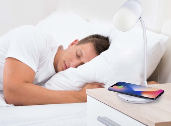 Grundig Schreibtischlampe Led 3-in-1 - kabelloses Handy-Ladegerät mit Qi-Technologie - Bluetooth-Lautsprecher - Leselicht - Weiß