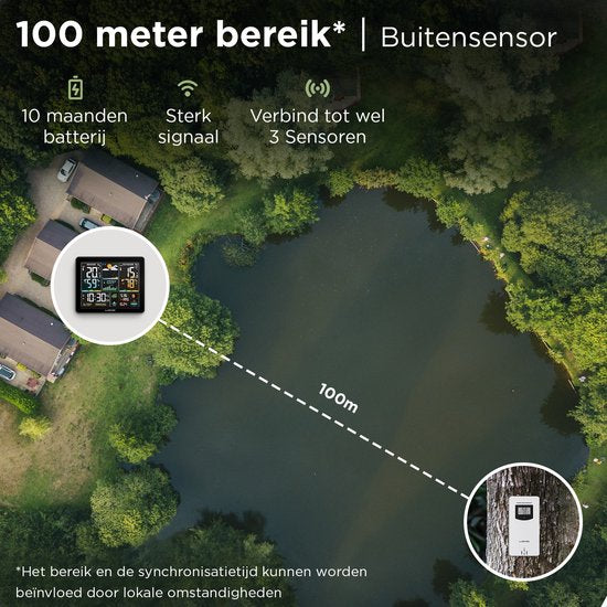 LONQ - Innen- und Außenwetterstation Q5 - Inkl. Batterien - Funkwetterstation mit Außensensor - Thermometer Hygrometer - Farbdisplay - DCF-gesteuerte Uhr - Schwarz
