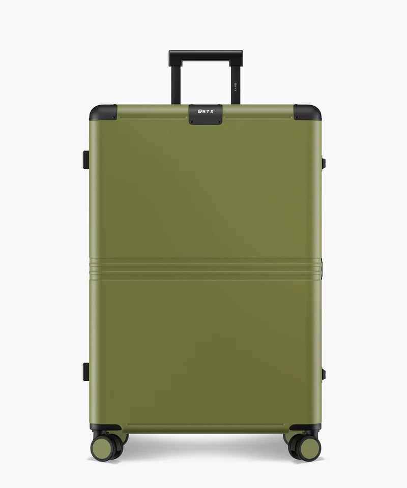 Onyx Hybrid Pro Zweiteiliges Kofferset Onyx Journey – Ausgestattet mit Silent-Run-Hinomoto-Rollen, einem Gehäuse aus deutschem Makrolon-Polycarbonat und einem integrierten Kompressionssystem – Für Reisen und Urlaub – Olivgrünes Polycarbonat und Aluminium